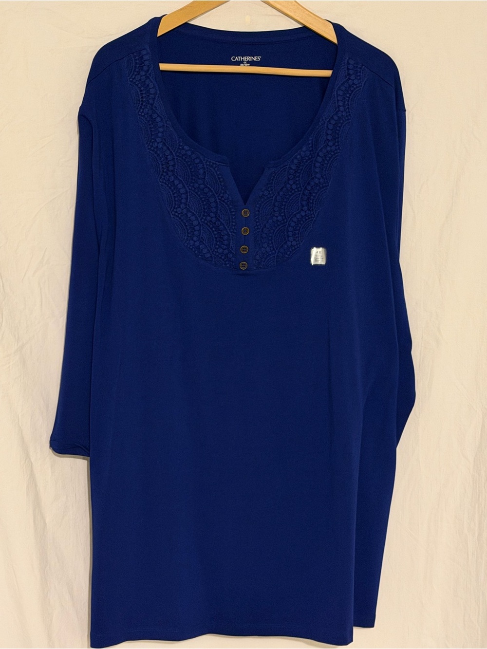 Catherines Plus Size Shirt Women's Royal Blue Lace-Trim Henley Tunic Top Sz 4X